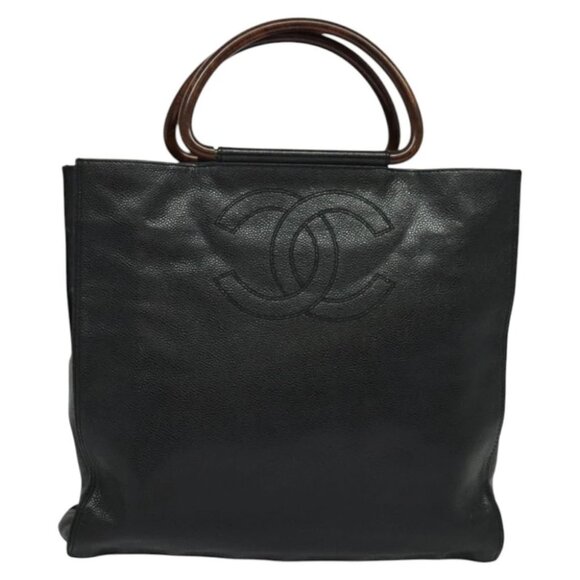 CHANEL COCO Mark Hand Bag Calf Skin Black Gold CC Auth 119391 - Picture 1 of 15